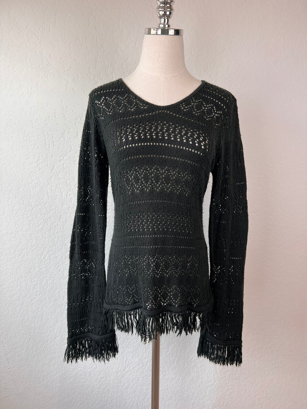 Vintage Y2K Black Crochet Fringe Long Sleeve Top Grunge Goth size Medium